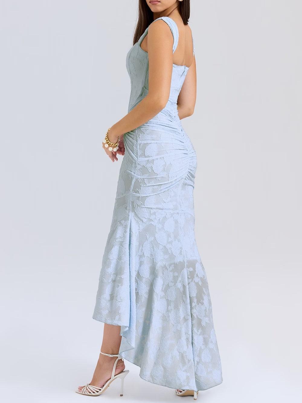 Square Neck Corset Bodice Lace High Low Fishtail Maxi Dress 5