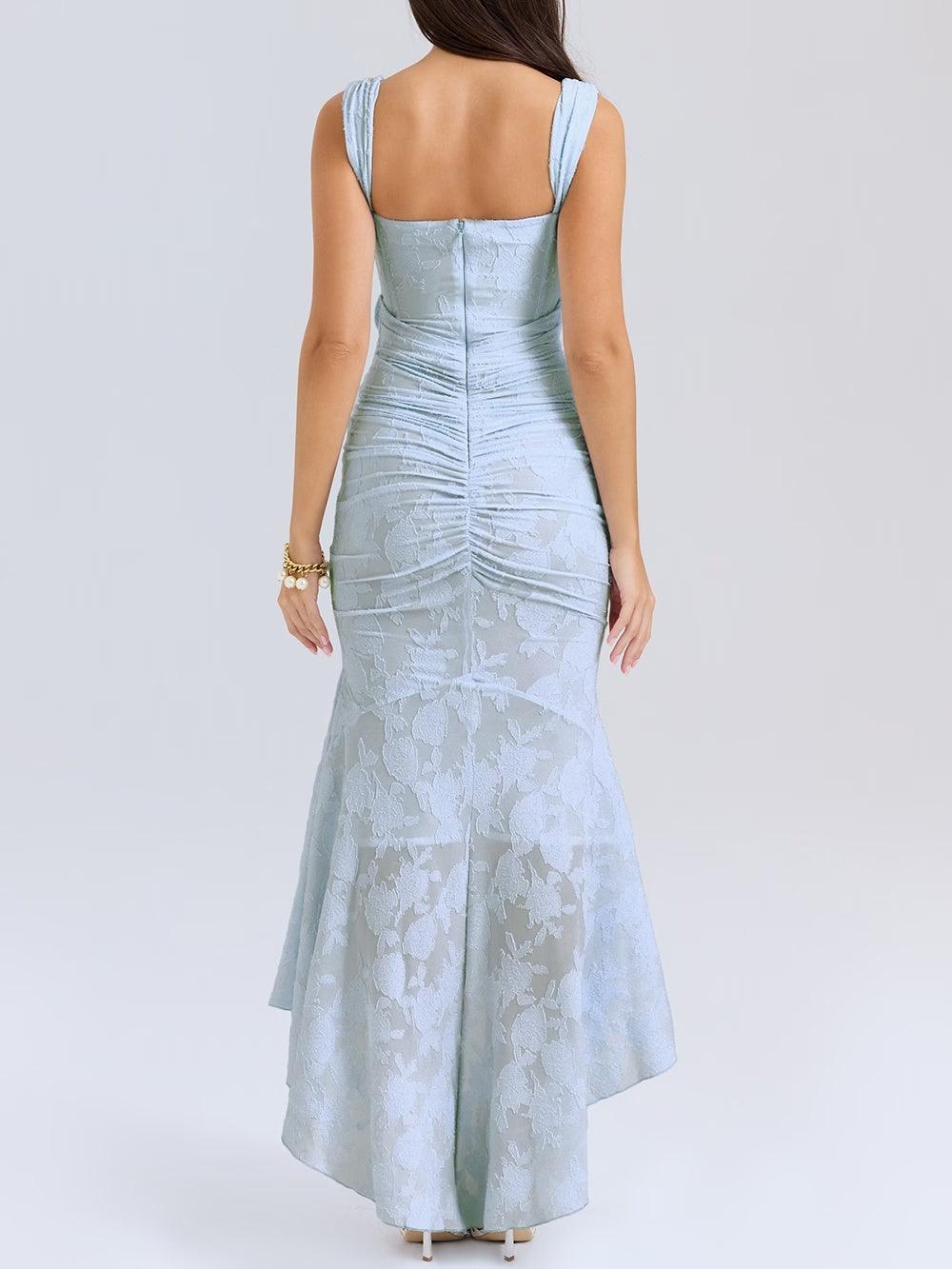 Square Neck Corset Bodice Lace High Low Fishtail Maxi Dress 6