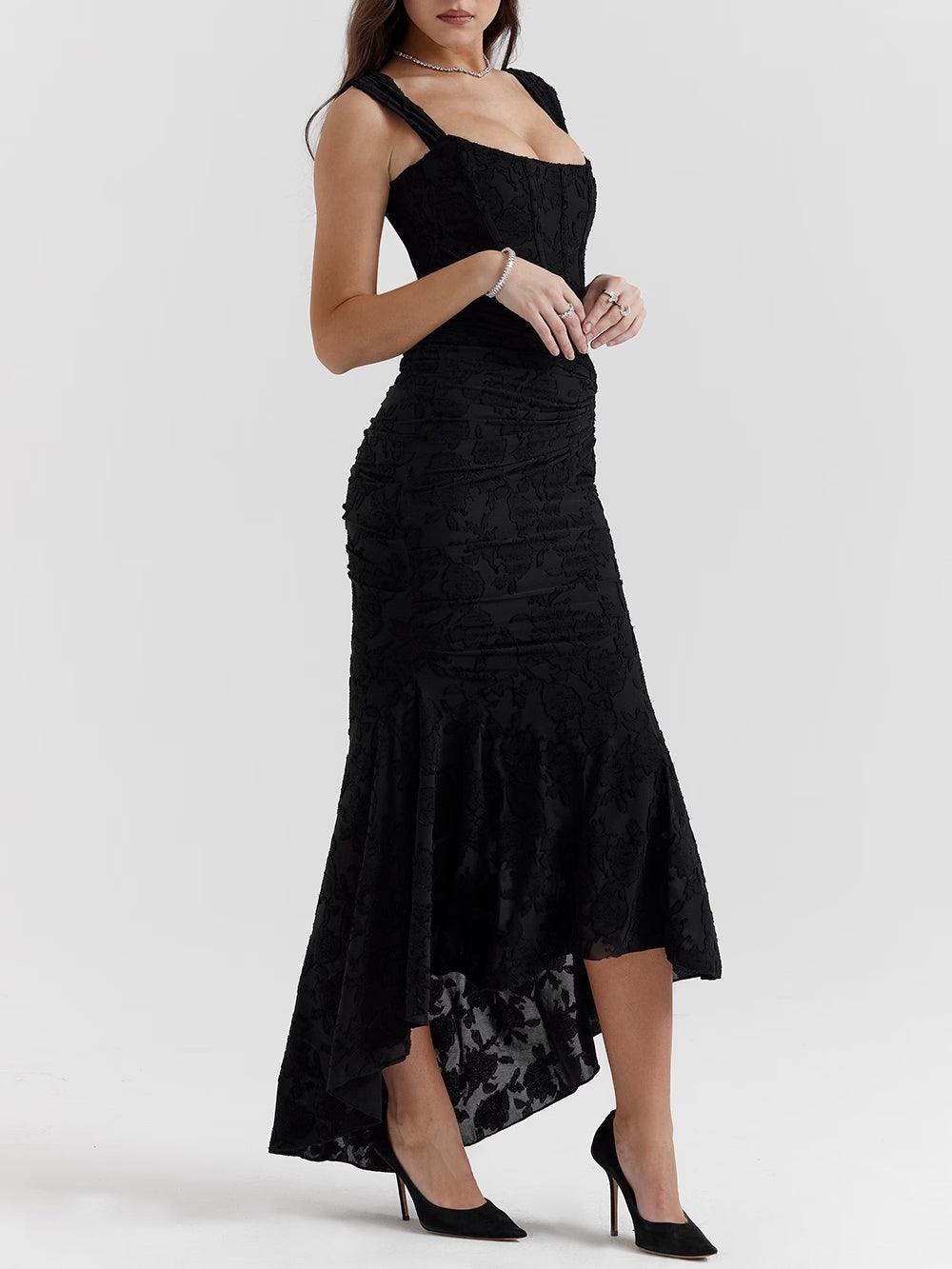 Square Neck Corset Bodice Lace High Low Fishtail Maxi Dress 15