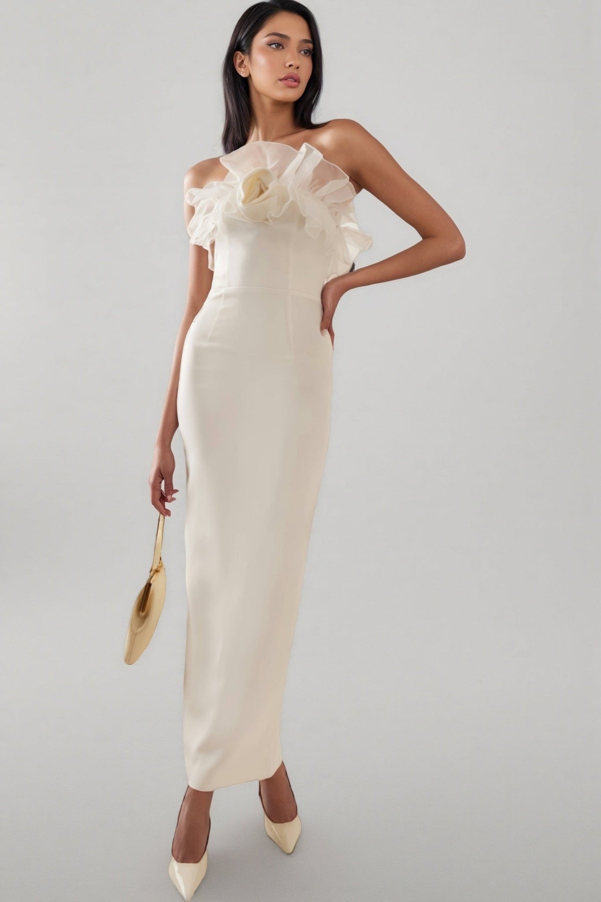 Zaretp White Ruffled Silk Midi Dress