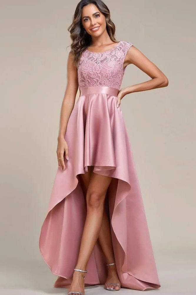 Lace Scoop Neck Cap Sleeve Satin High Low Dress - View 3