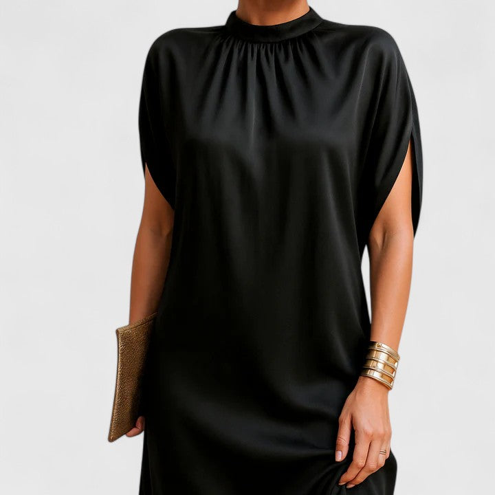 Mock Neck Cap Sleeve Satin Shift Mini Dress 2