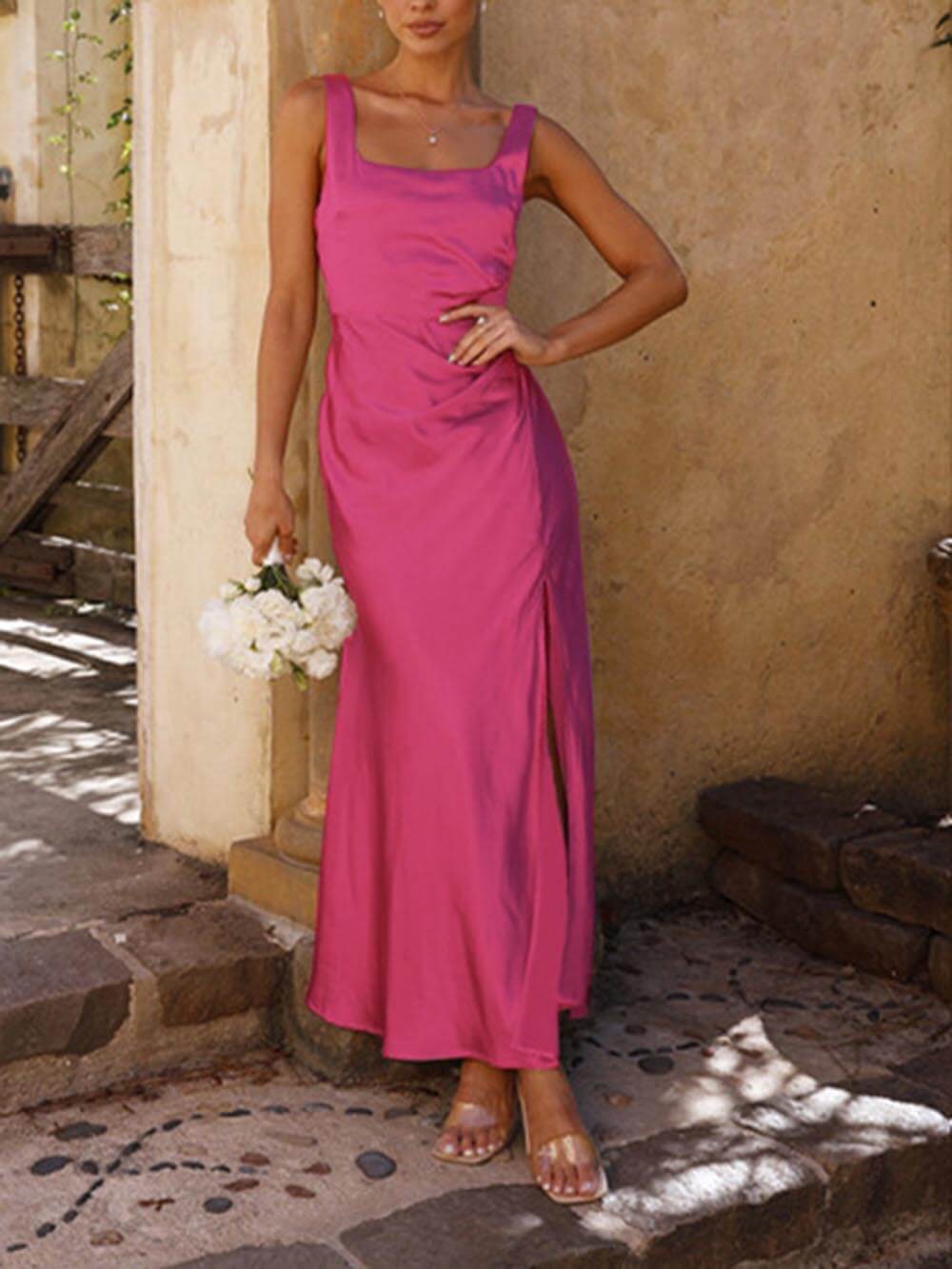 Satin Square Neck Ruched High Split Maxi Dress - View 14