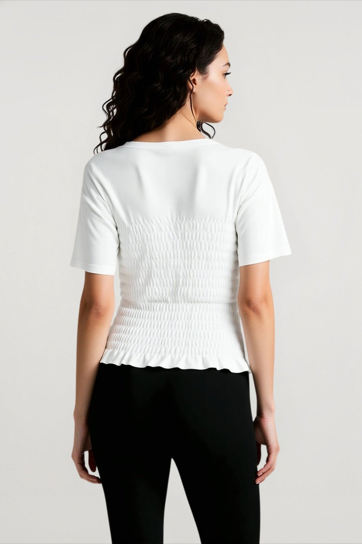 Crew Neck Short Sleeve Shirred Peplum Top 4