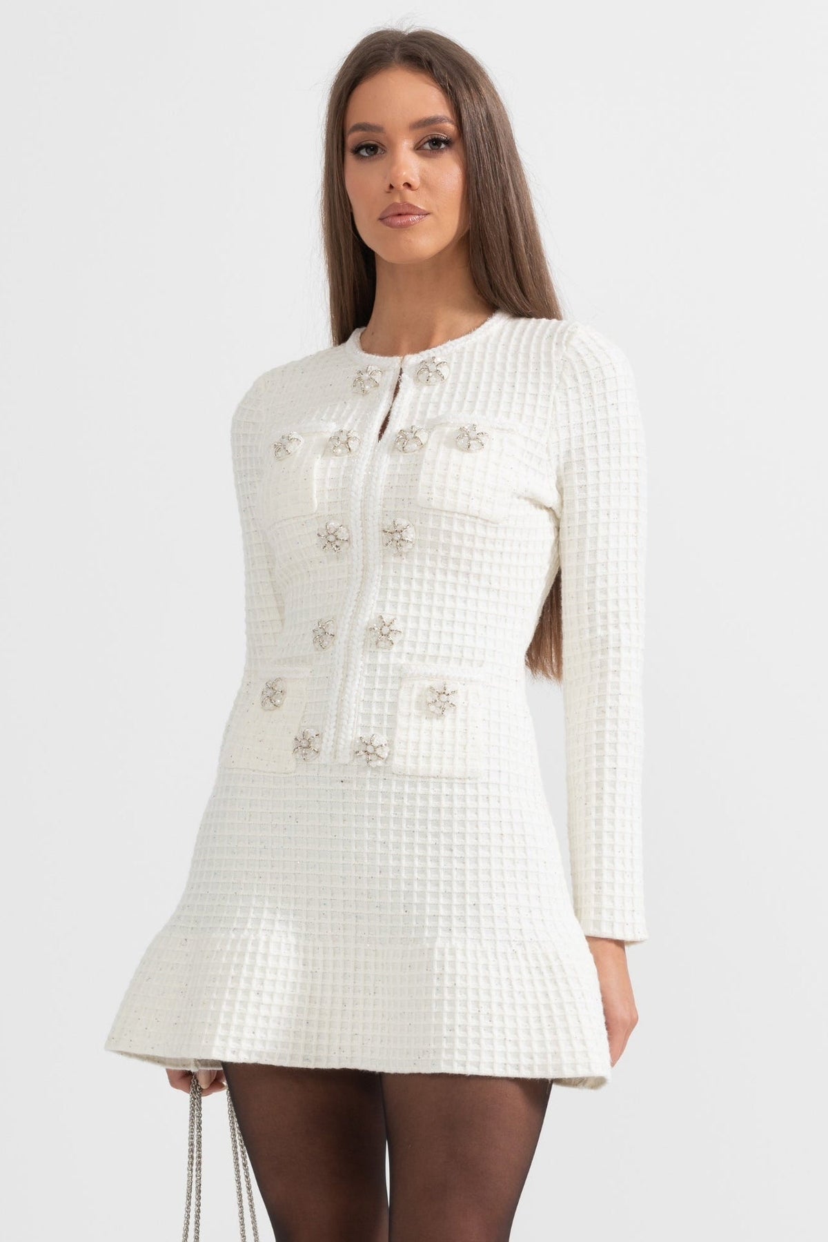 Waffle Knit Round Neck Crystal Floral Button Patch Pocket Ruffle Hem Mini Dress