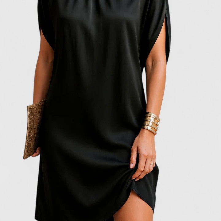 Mock Neck Cap Sleeve Satin Shift Mini Dress 3