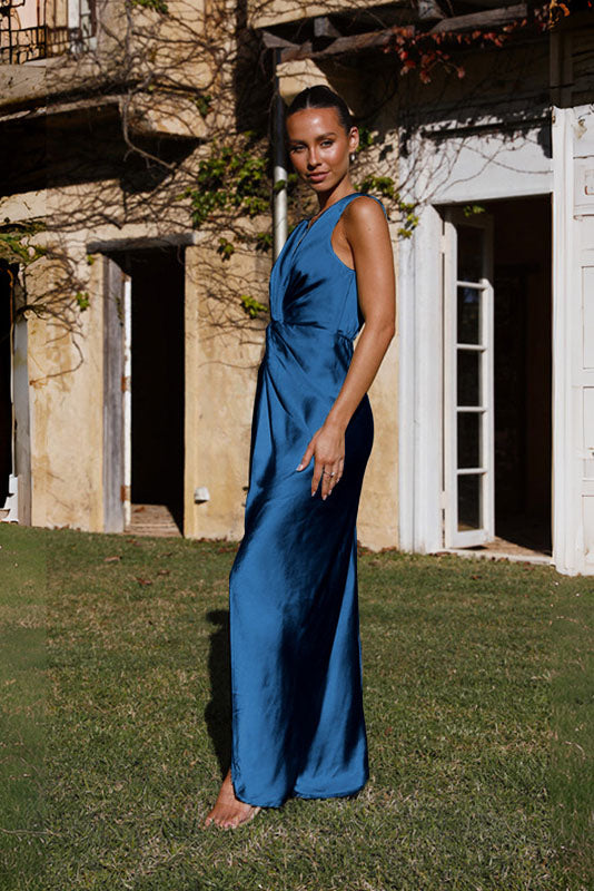 Satin Sleeveless Gathered Waist Column Slip Maxi Dress - View 7