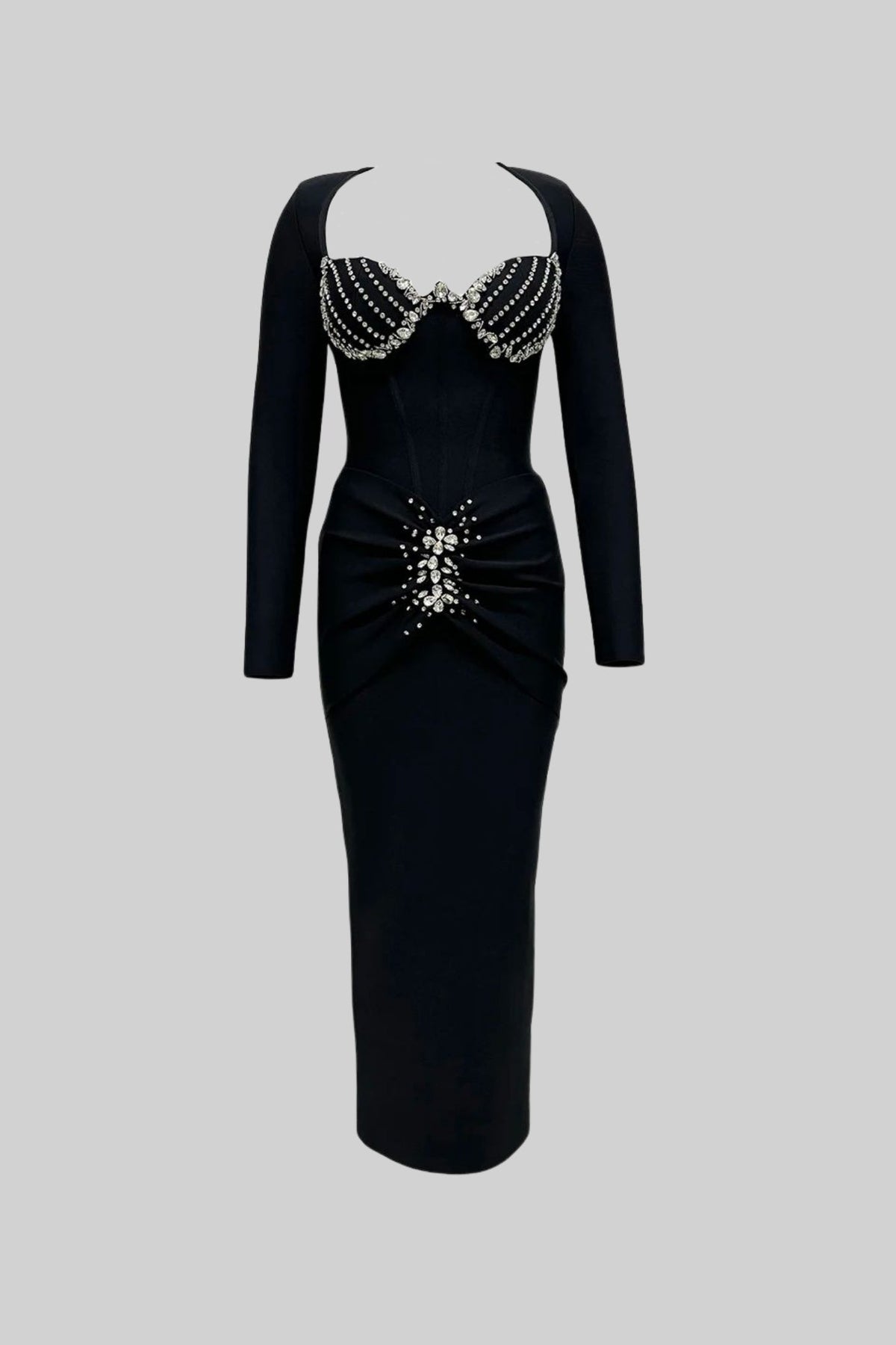 Rhinestone Corset Bustier Long Sleeve Bodycon Midi Dress - View 2