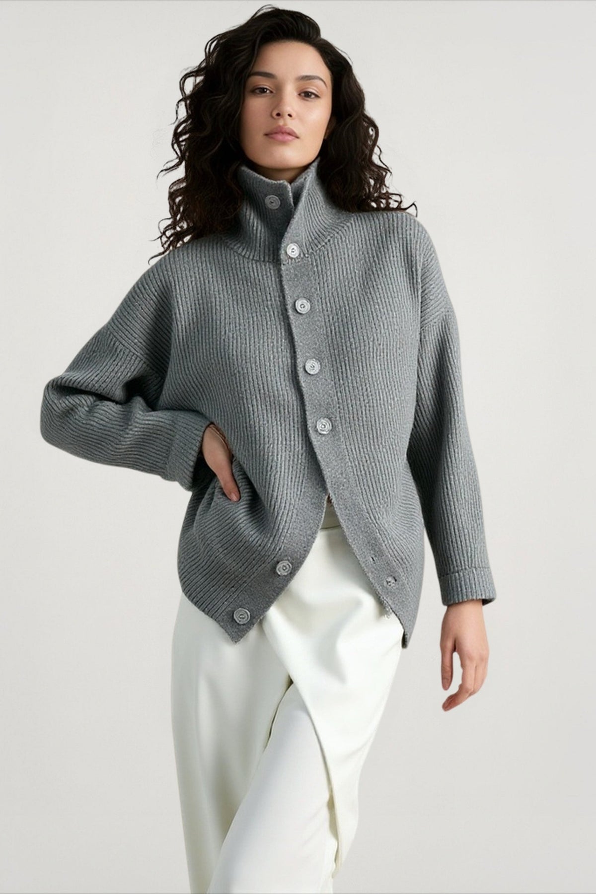 High Neck Button Front Ribbed Knit Oversized Cardigan