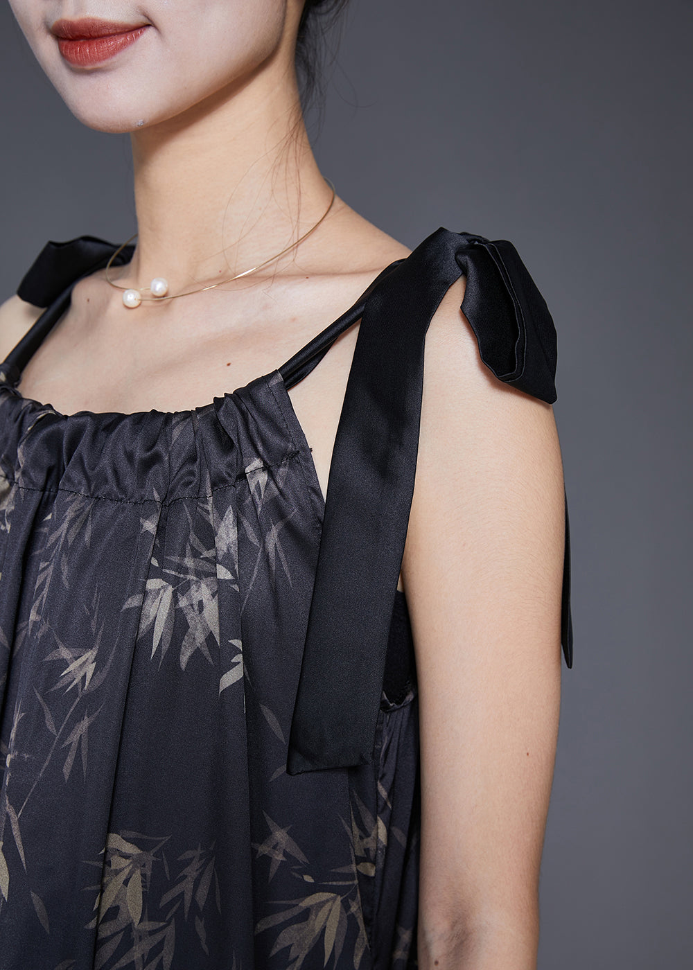 Bamboo Leaf Print Gathered Neck Bow Tie Strap Pocket Maxi Dress - View 5