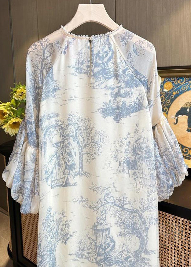 Toile Print Pearl Trim Crew Neck Balloon Sleeve Tiered Midi Dress - View 4