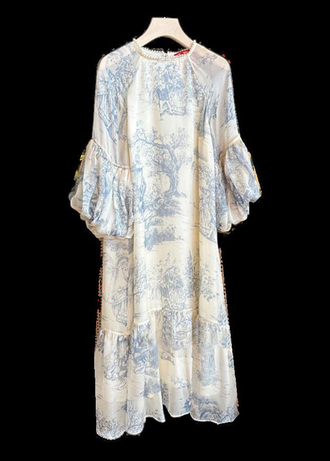 Toile Print Pearl Trim Crew Neck Balloon Sleeve Tiered Midi Dress - View 5