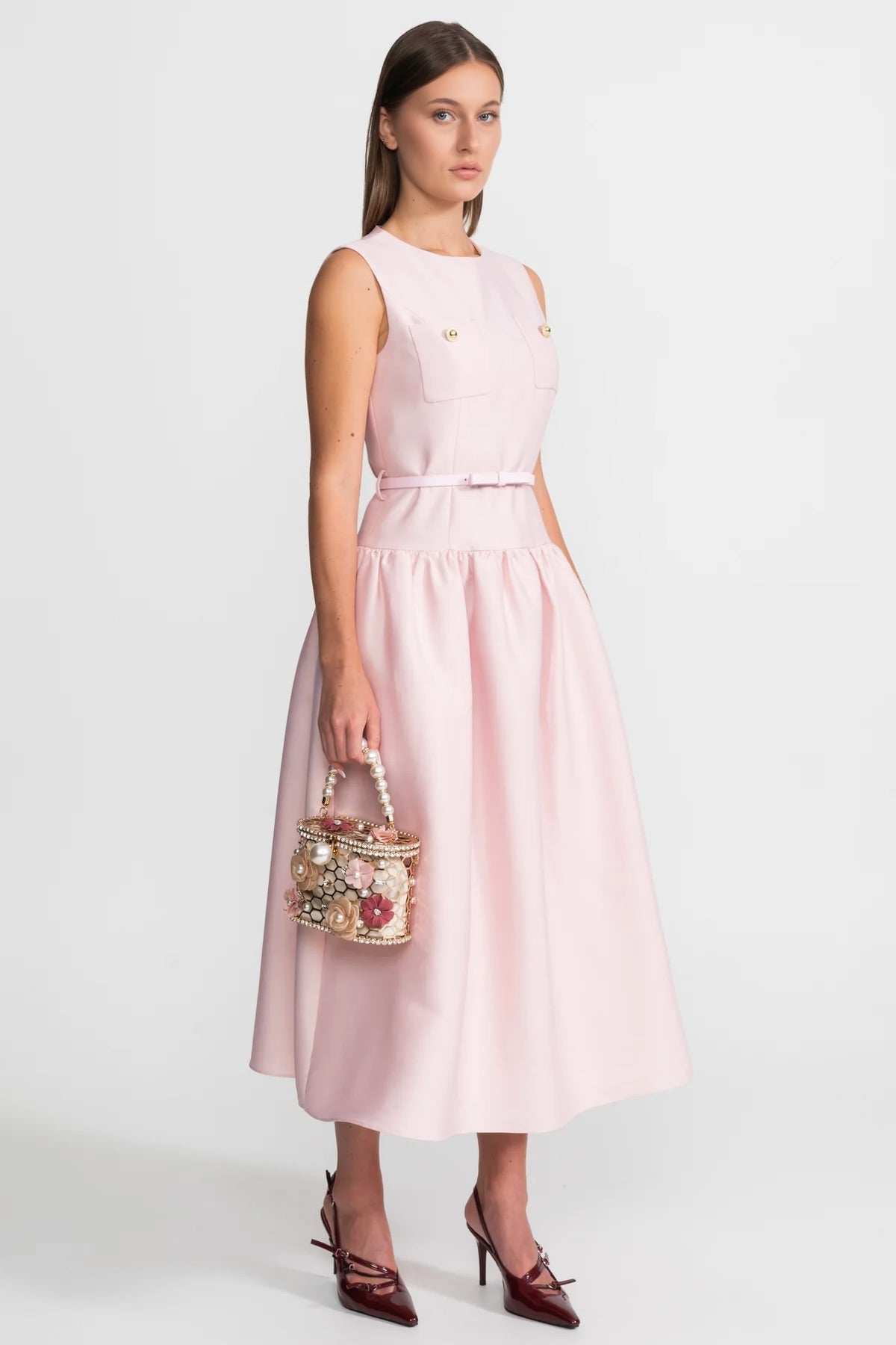 Sleeveless Patch Pocket Metallic Button Belted Bow Midi Dress - View 2