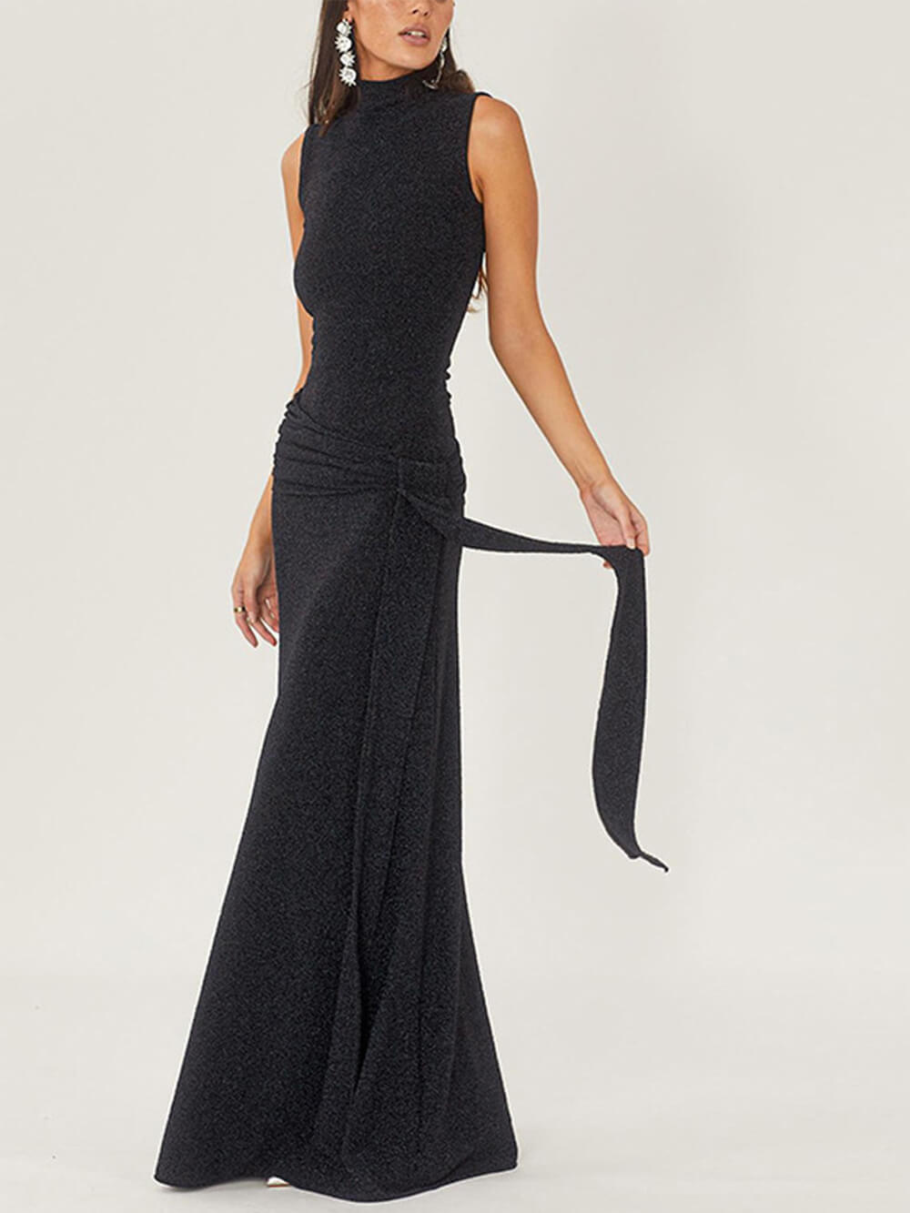 Glitter High Neck Sleeveless Side Tie Sash Wrap Maxi Gown