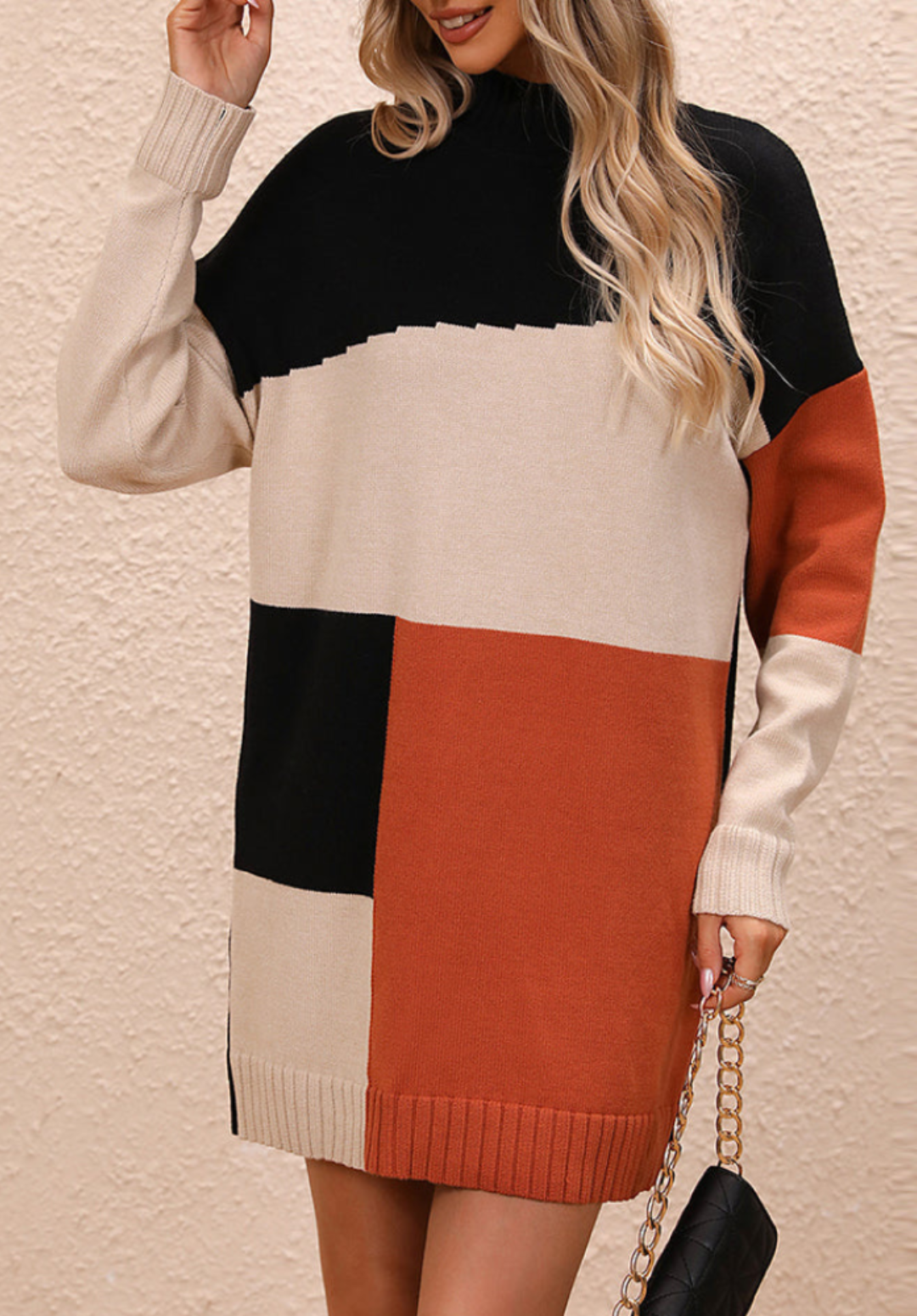 Knit Color Block Mock Neck Long Sleeve Oversized Mini Sweater Dress