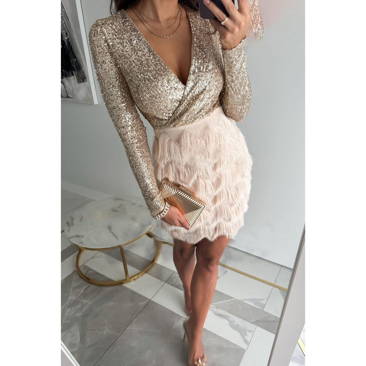 Sequin Wrap V-Neck Long Sleeve Tiered Fringe Cocktail Mini Dress