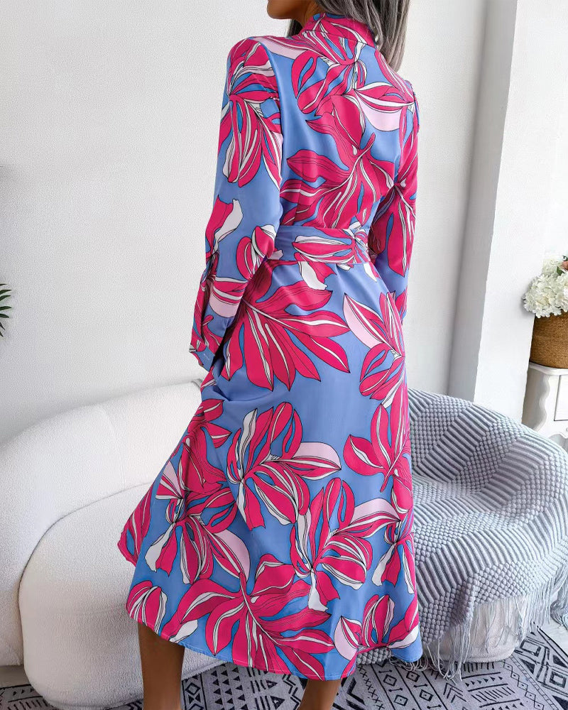Tropical Leaf Print Collared Button Front Belted Shirt Maxi Dress 10