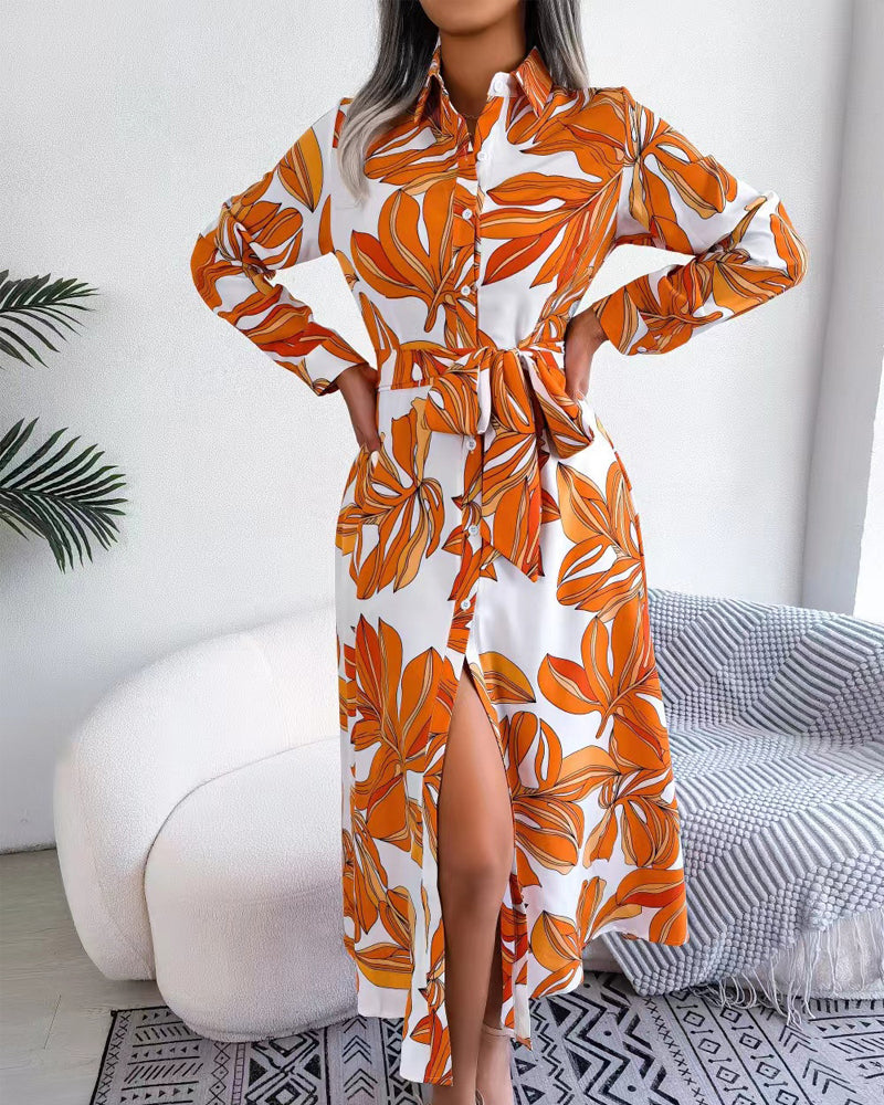 Tropical Leaf Print Collared Button Front Belted Shirt Maxi Dress 12