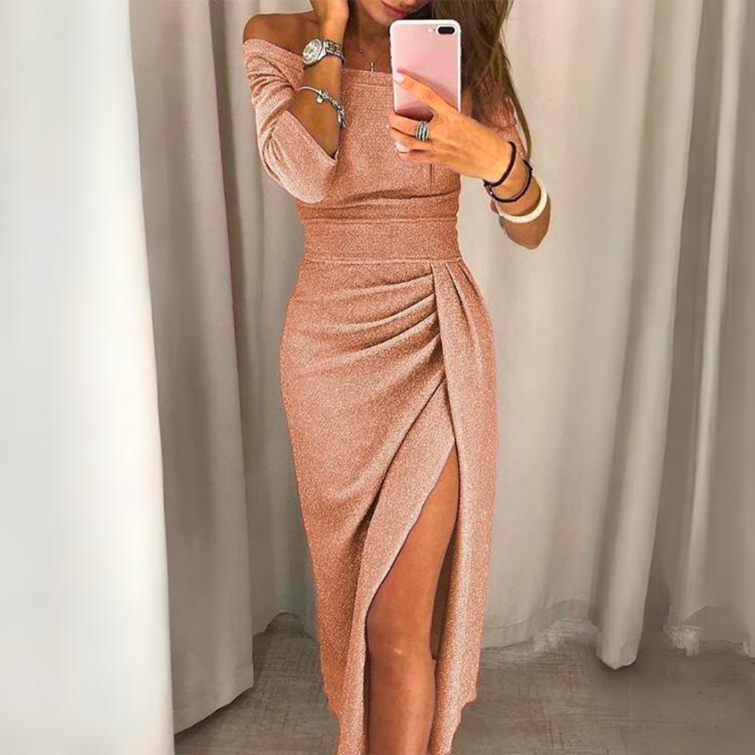 Glitter Off Shoulder 3/4 Sleeve Ruched Bodycon Midi Party Dress