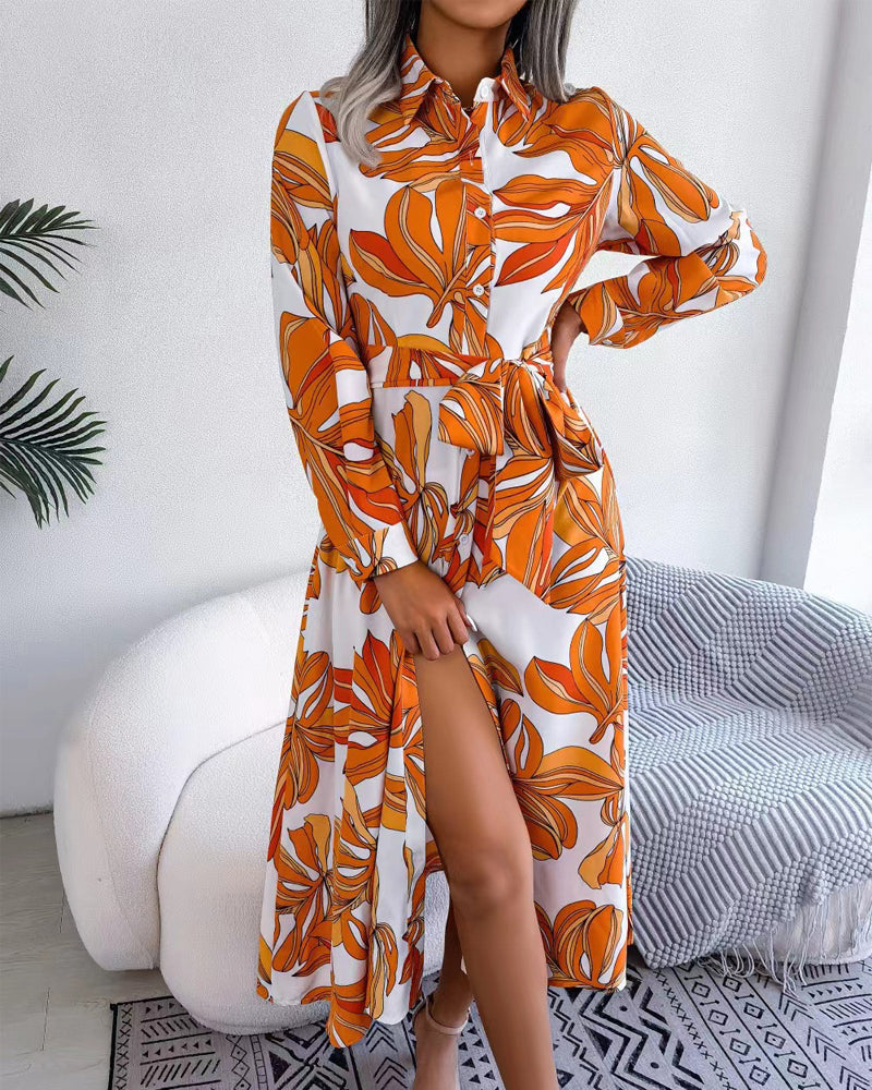 Tropical Leaf Print Collared Button Front Belted Shirt Maxi Dress 13