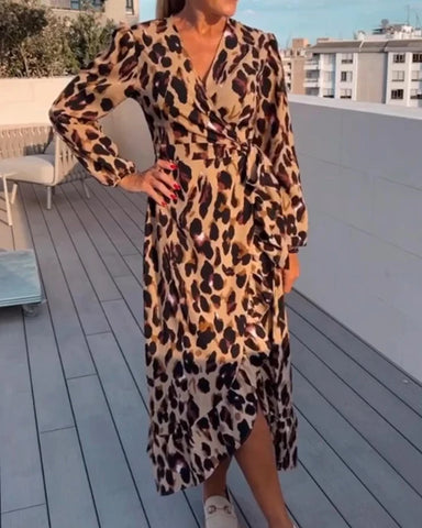 Leopard Print V-Neck Wrap Long Sleeve Ruffle Trim Midi Dress
