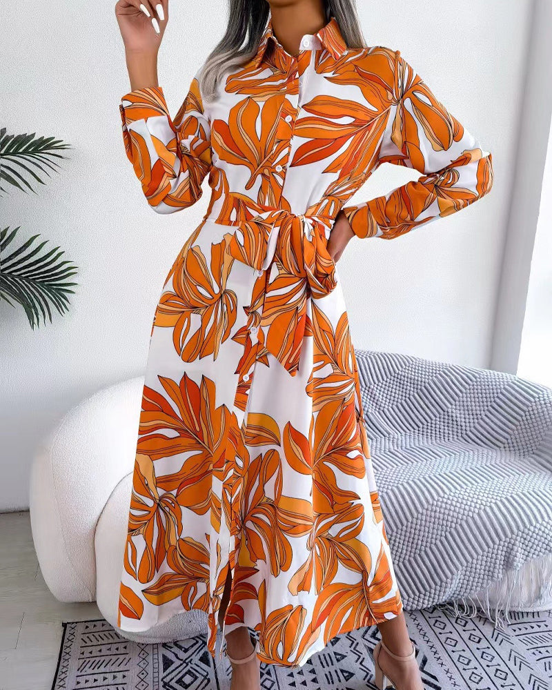 Tropical Leaf Print Collared Button Front Belted Shirt Maxi Dress 11
