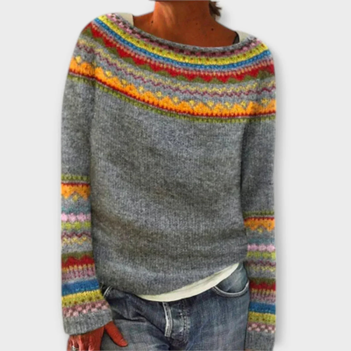 Fair Isle Boat Neck Long Sleeve Sweater