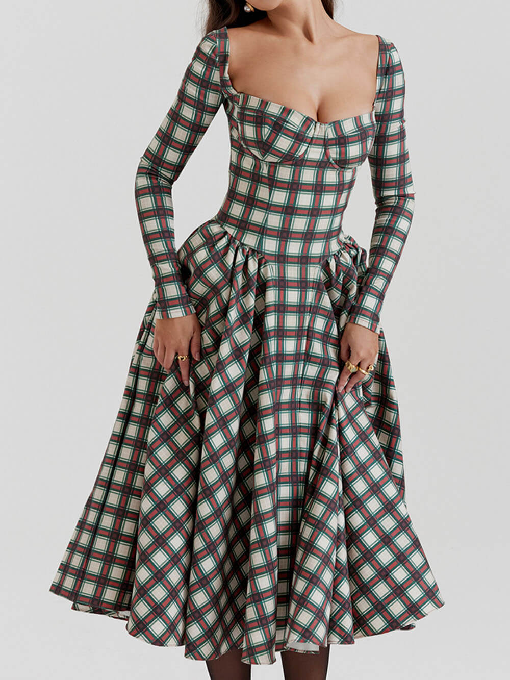 Tartan Sweetheart Long Sleeve Corset Fit and Flare Midi Dress