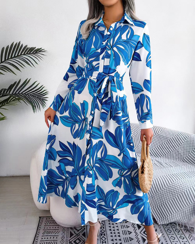 Tropical Leaf Print Collared Button Front Belted Shirt Maxi Dress 2