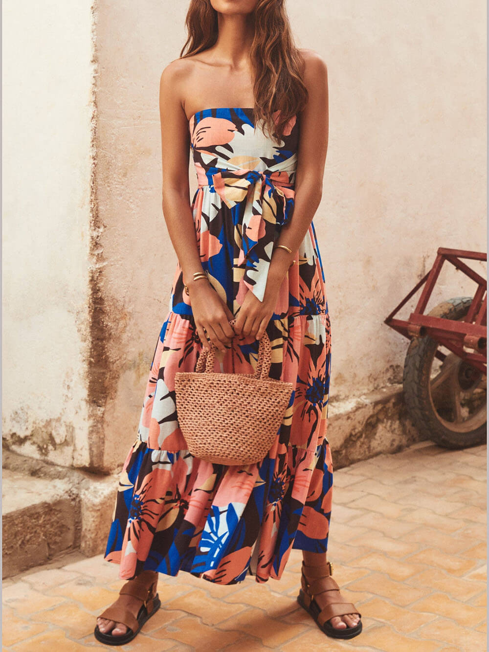 Strapless Printed Stylish Maxi Dress Orange / S Dresses