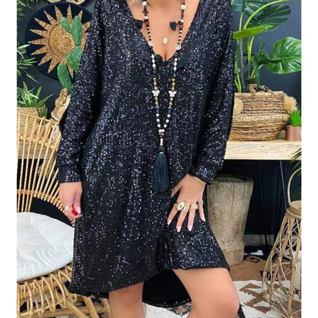 Sequin Deep V-Neck Long Sleeve Shift Mini Dress