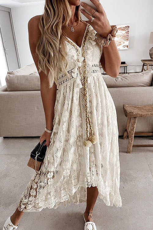 Crochet Lace V-Neck Tassel Tie High Low Maxi Dress 3