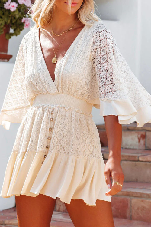 Floral Lace V-Neck Flutter Sleeve Button Front Tiered Mini Dress 15