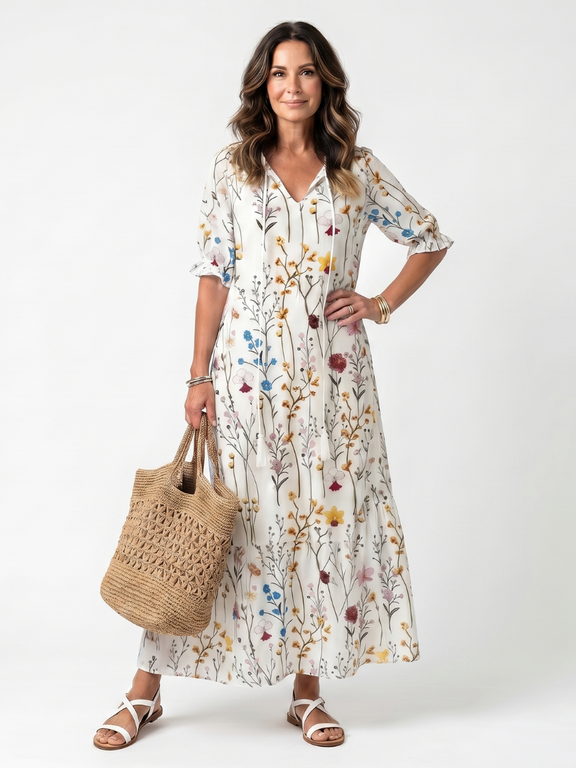 Botanical Floral V-Neck Ruffle Sleeve Tiered Maxi Dress