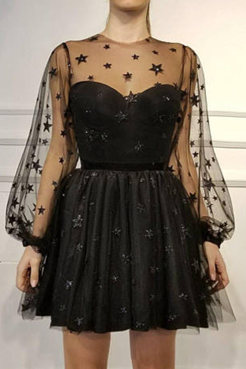 Tulle Star Print Puff Sleeve Mesh Overlay Sweetheart Mini Dress - View 6