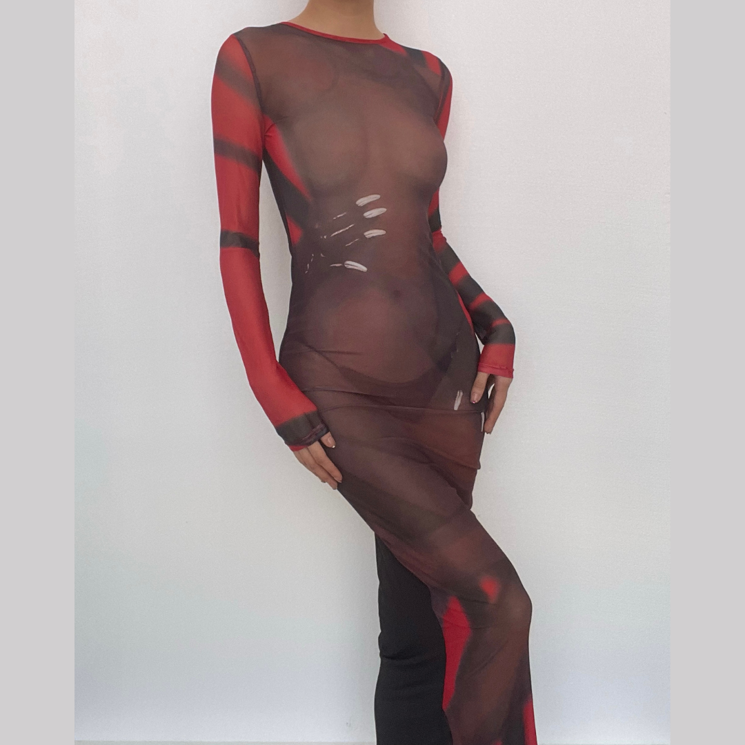 Long sleeve contrast sheer mesh see through midi dress