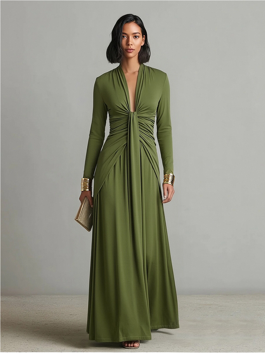 Deep V-Neck Long Sleeve Ruched Draped Maxi Dress Formal 5