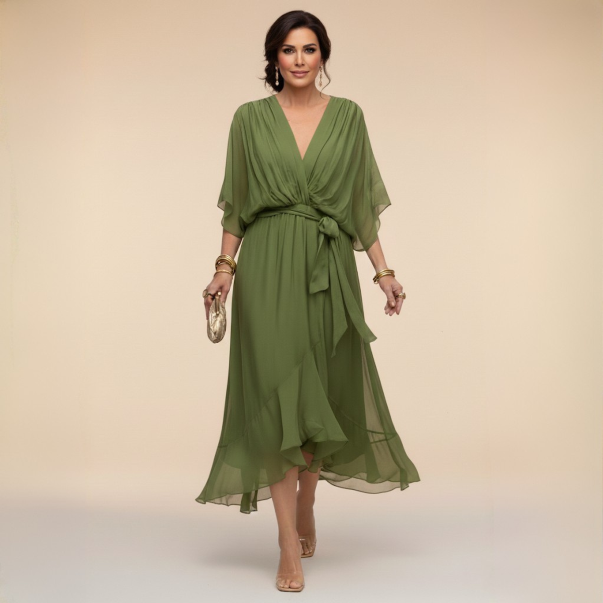 Deep V-Neck Flutter Sleeve Wrap Tie Ruffle Hem Chiffon Midi Dress 3
