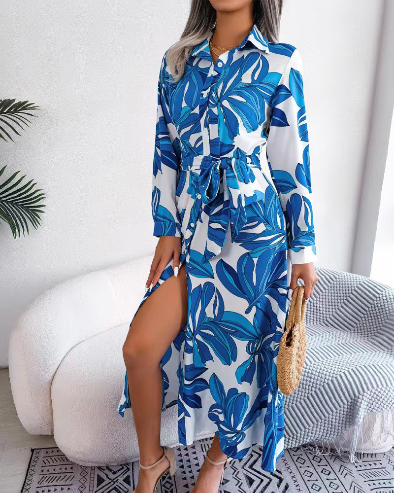 Tropical Leaf Print Collared Button Front Belted Shirt Maxi Dress 4
