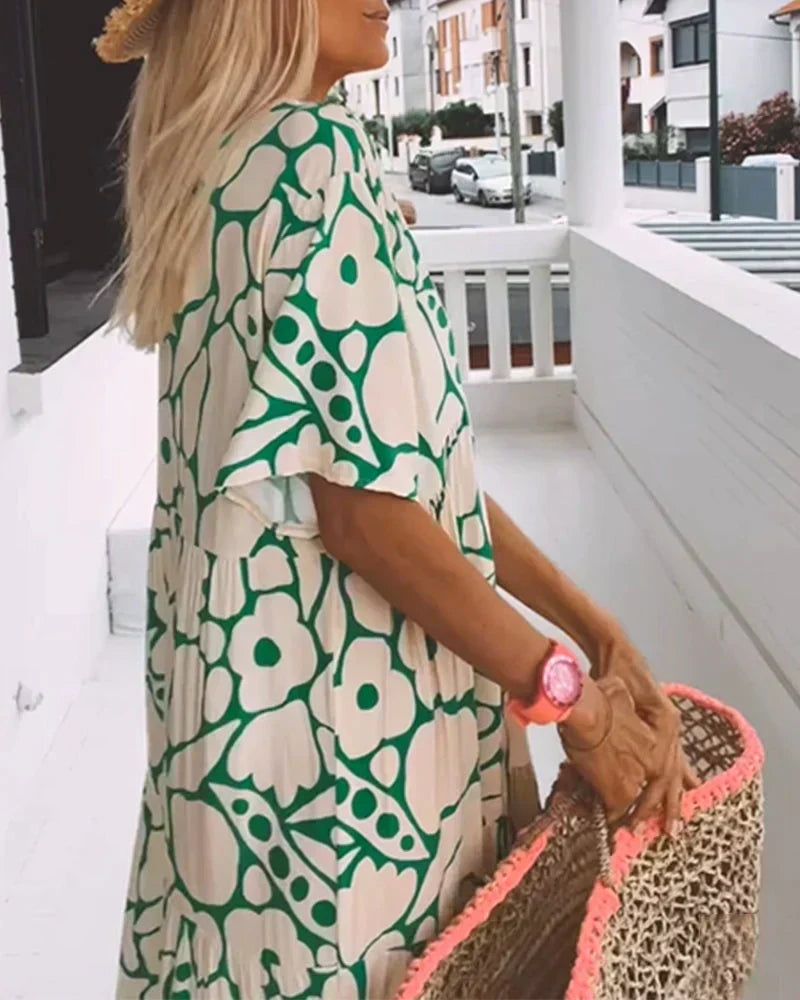 Abstract Floral Print V-Neck Flutter Sleeve Tiered Maxi Dress 2