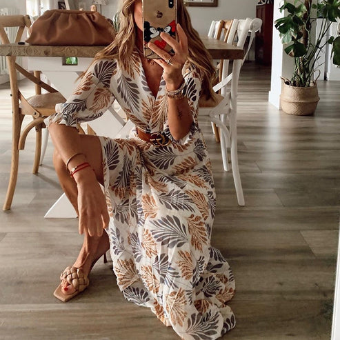 Palm Leaf Print Wrap Deep V-Neck Flutter Sleeve High Split Dress