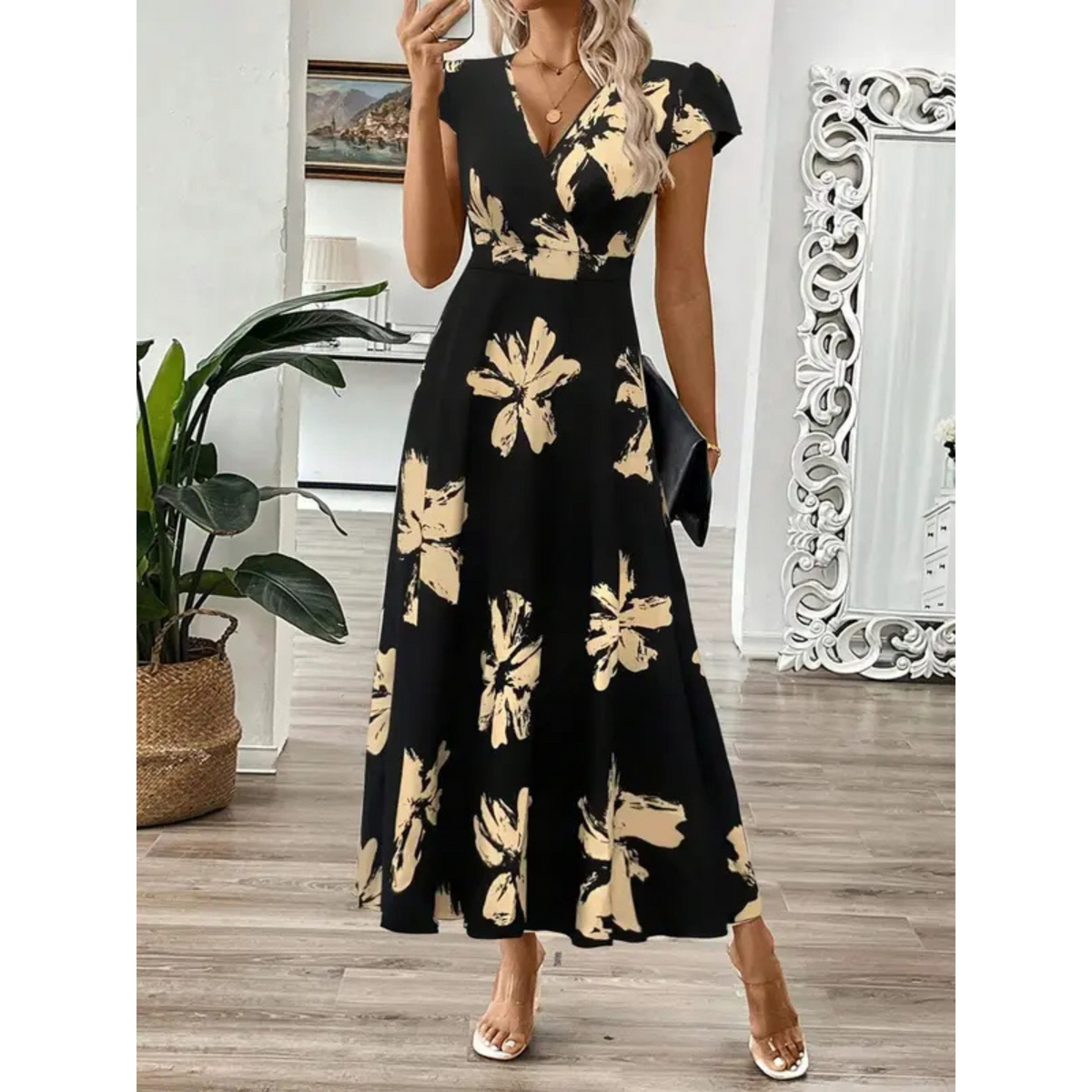 Floral Print V-Neck Cap Sleeve Fit and Flare Maxi Dress