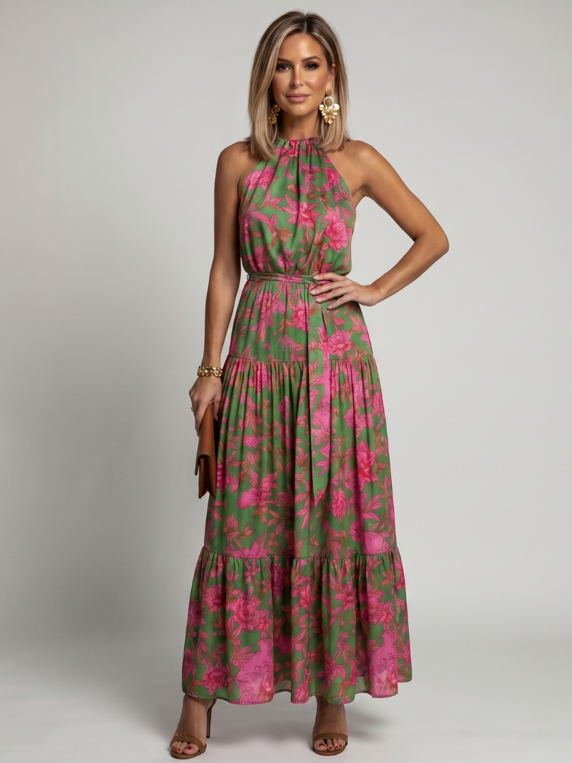 Floral Halter Neck Sleeveless Tiered Belted Maxi Dress