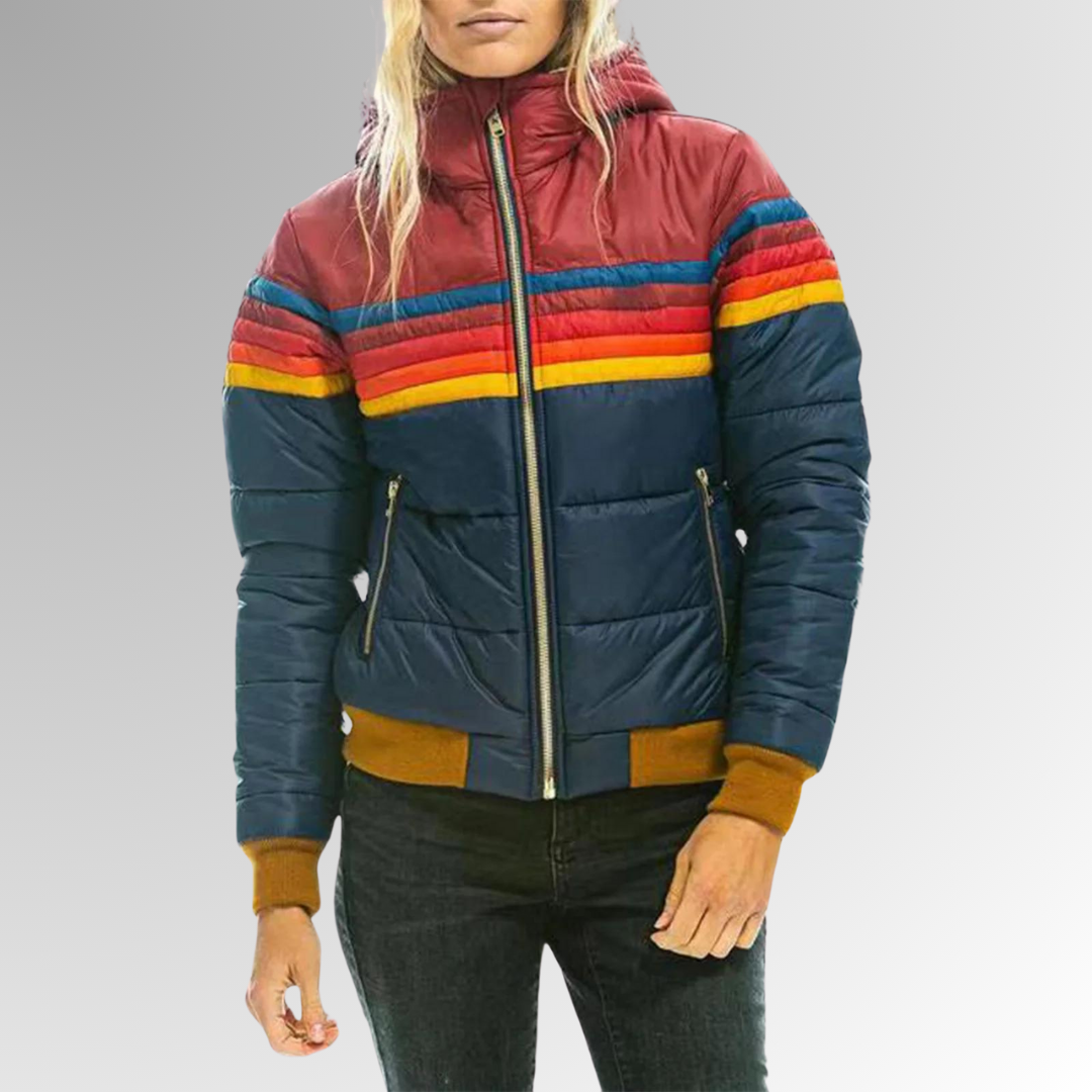 Hooded Zip Front Striped Panel Puffer Jacket 5