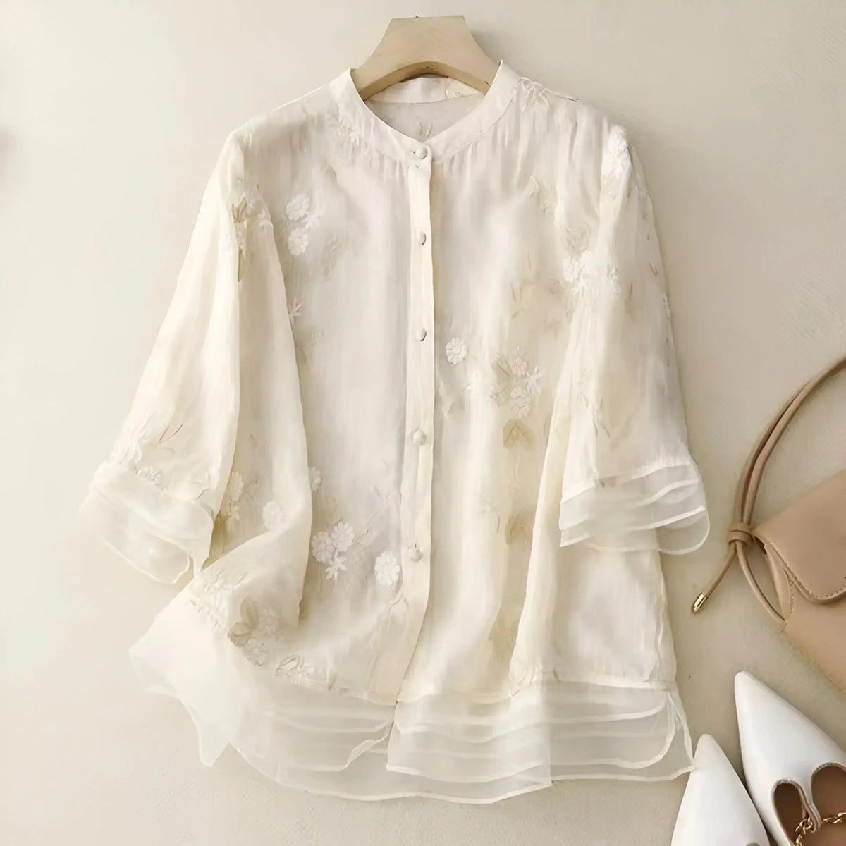 Stand Collar Floral Embroidered Sheer Button Front Blouse