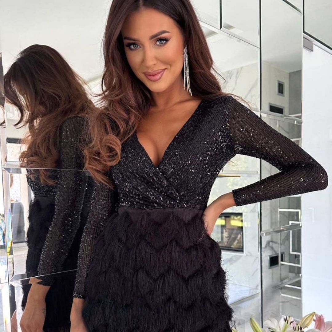 Sequin Wrap Deep V-Neck Long Sleeve Faux Cocktail Mini Dress - View 10
