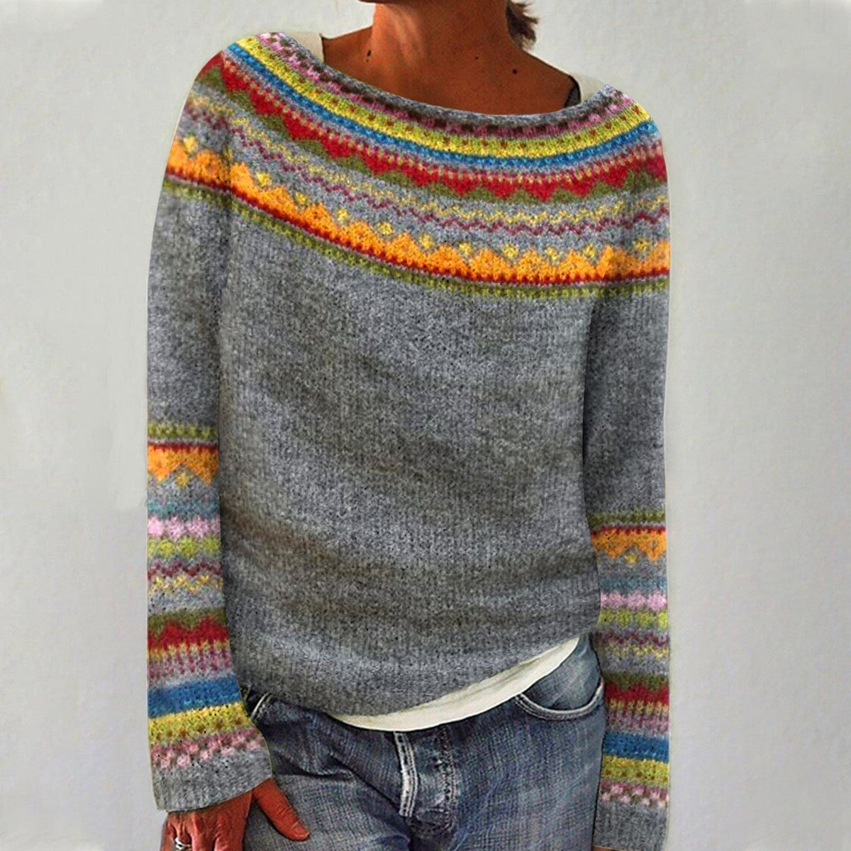 Boat Neck Fair Isle Yoke Knit Sweater 2