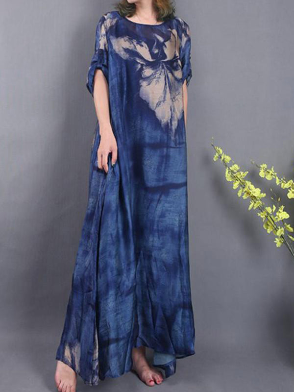 Abstract Print Oversized Round Neck Short Sleeve A-Line Maxi Dress - View 2