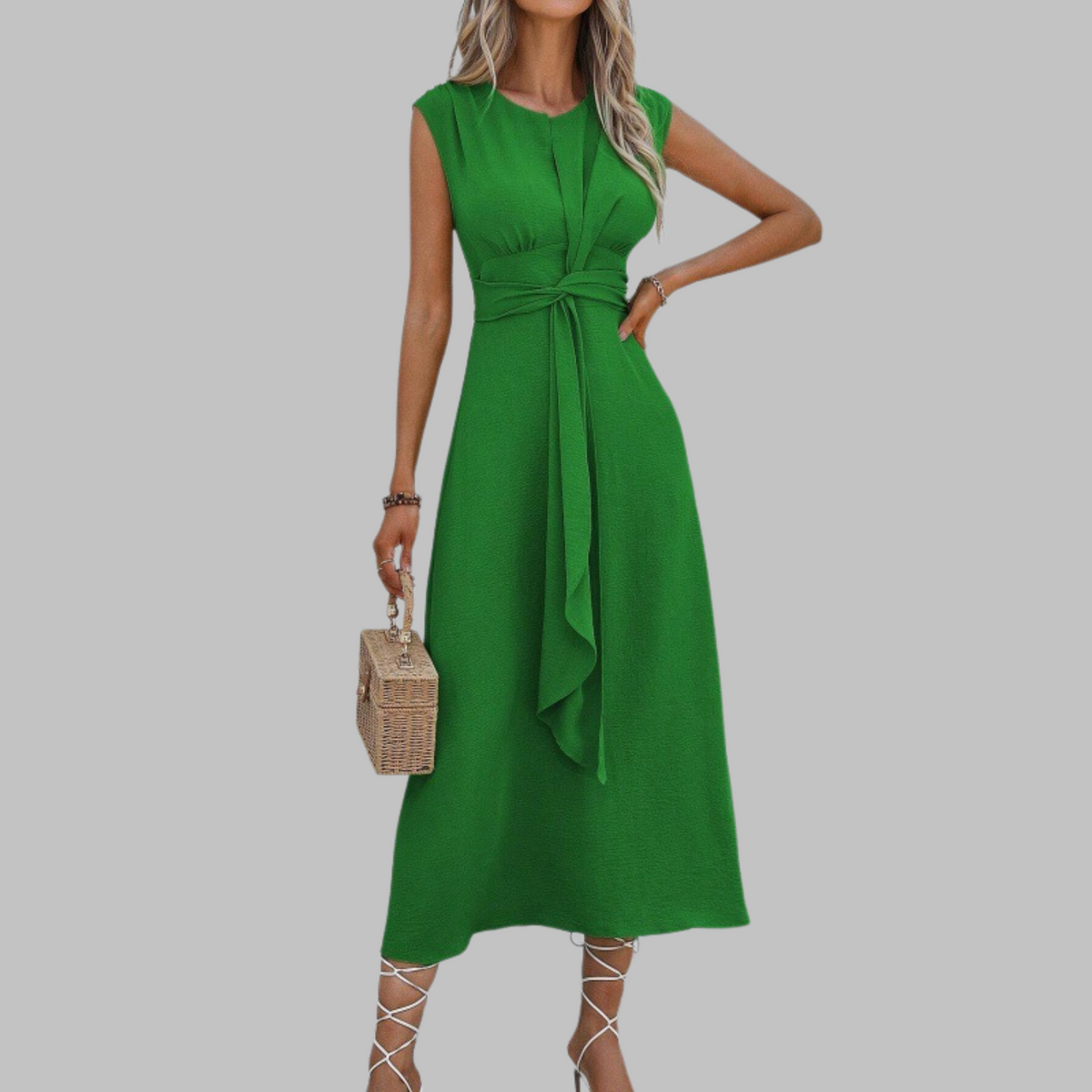 Cap Sleeve Knot Front A-Line Midi Dress