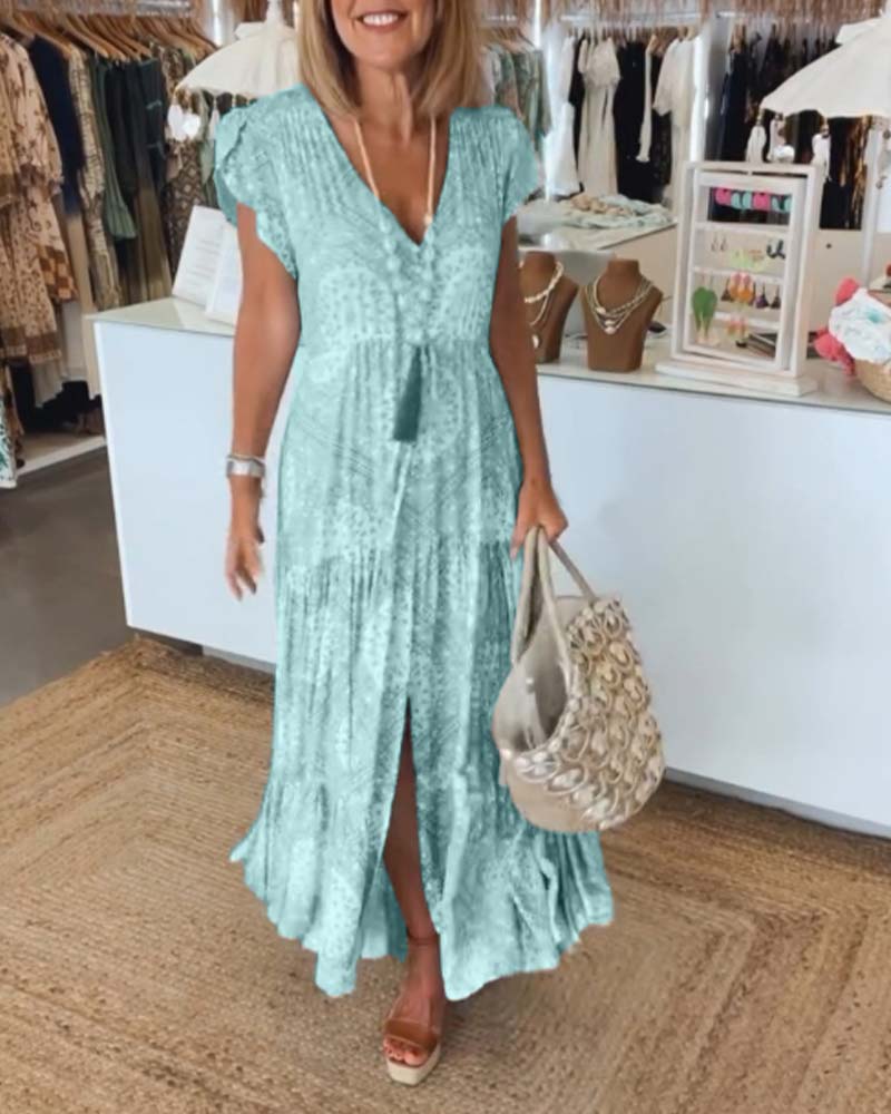 V-Neck Flutter Sleeve Buttoned Tiered Boho Maxi Dress - View 15